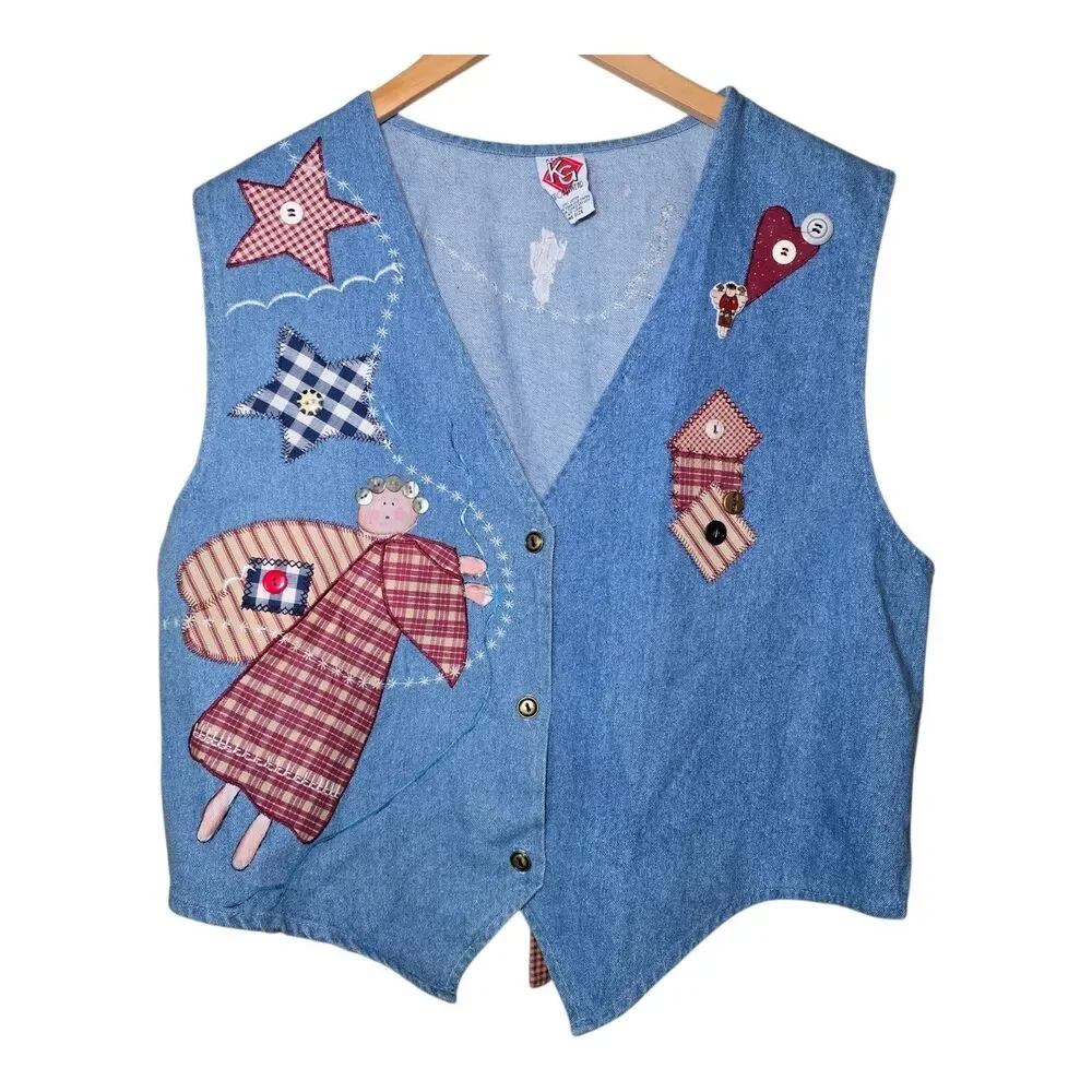 Vintage Kevin G. Sportswear Denim Vest One Size Angel Stars Patchwork 90's